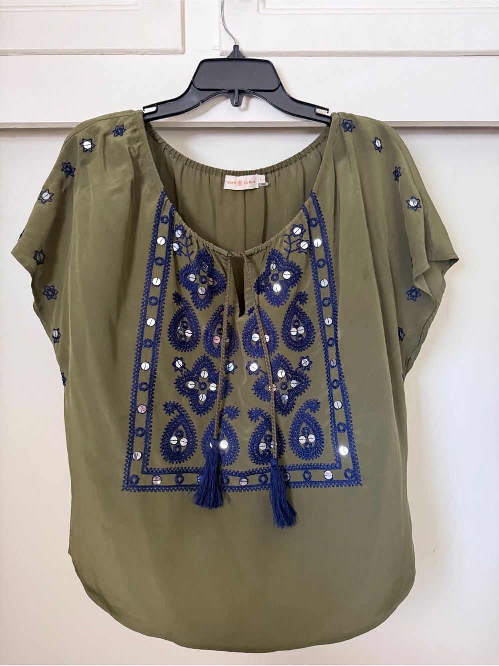 Tory Burch Olive Green Peasant Blouse Navy Embroidery Size 6